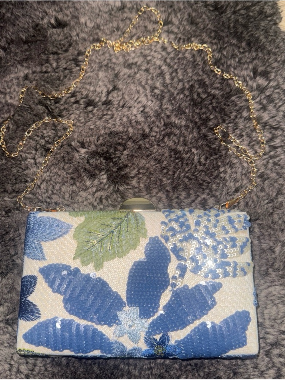 Steve Madden Blue and Green Floral Sequin Clutch with Gold Chain